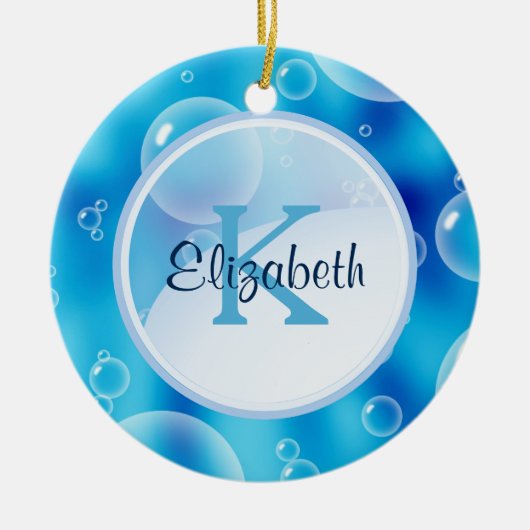 Gepersonaliseerd Monogram op Whimsical Blue Bubble Keramisch Ornament (Voorkant)