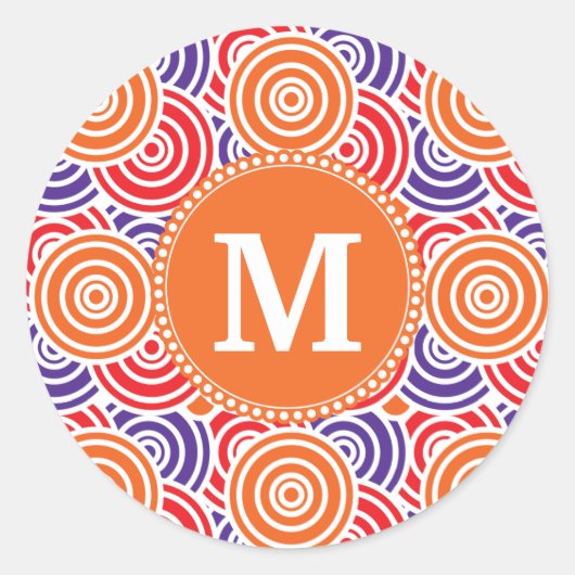 Gepersonaliseerd monogram Oranje Paars cirkelpatro Ronde Sticker (Voorkant)
