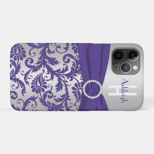Gepersonaliseerd Monogram Paars en Silver Damask Case-Mate iPhone Case (Achterkant (horizontaal))
