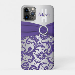 Gepersonaliseerd Monogram Paars en Silver Damask Case-Mate iPhone Case