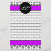 Gepersonaliseerd monogram Paars en wit Damask Briefpapier (Voorkant)