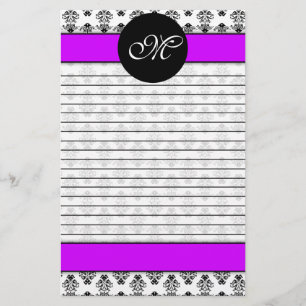 Gepersonaliseerd monogram Paars en wit Damask Briefpapier