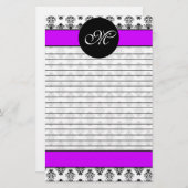 Gepersonaliseerd monogram Paars en wit Damask Briefpapier (Voorkant / Achterkant)