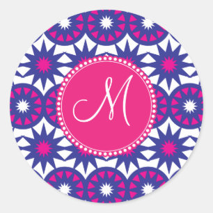 Gepersonaliseerd Monogram Paarse Roze Sterren Cirk Ronde Sticker