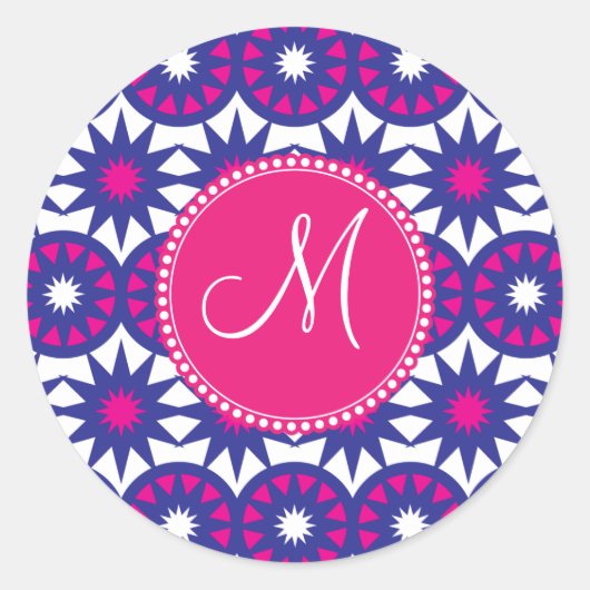 Gepersonaliseerd Monogram Paarse Roze Sterren Cirk Ronde Sticker (Voorkant)