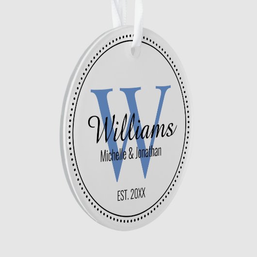 Gepersonaliseerd Monogram Pas getrouwd Blauw Acryl Ornament (voorkant)