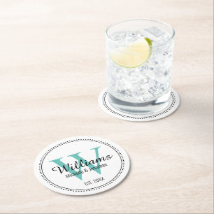Gepersonaliseerd monogram Pas getrouwd Blauwgroen Ronde Kartonnen Onderzetter