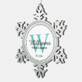Gepersonaliseerd monogram Pas getrouwd Blauwgroen Tin Sneeuwvlok Ornament (Rechts)