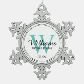 Gepersonaliseerd monogram Pas getrouwd Blauwgroen Tin Sneeuwvlok Ornament (Voorkant)