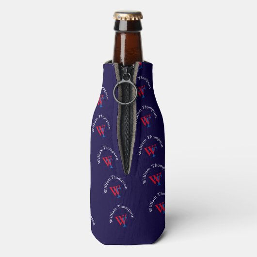 Gepersonaliseerd monogram patroon - rood en blauw flesjeskoeler (Fles Achterkant)