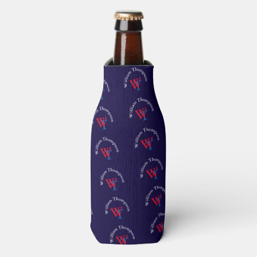 Gepersonaliseerd monogram patroon - rood en blauw flesjeskoeler (Fles Voorkant)