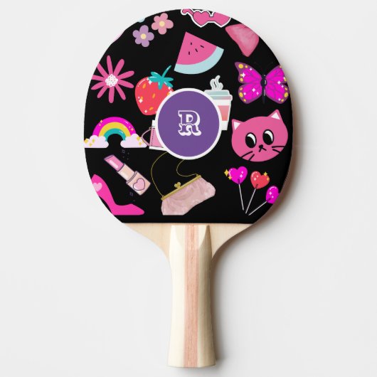 Gepersonaliseerd monogram Pinky Girly Kleurrijk Tafeltennisbatje (Voorkant)