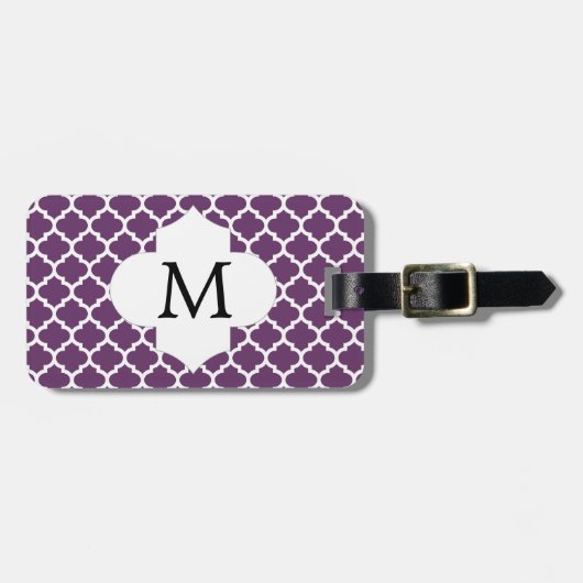Gepersonaliseerd Monogram Quatrefoil Paarse en Wit Bagagelabel (Voorkant horizontaal)