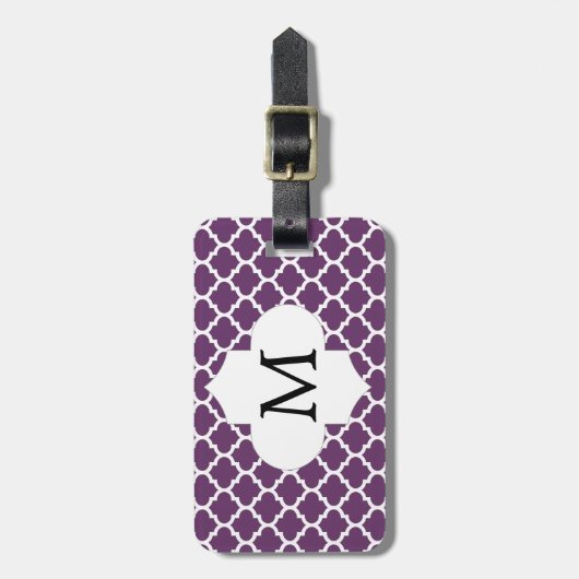 Gepersonaliseerd Monogram Quatrefoil Paarse en Wit Bagagelabel (Voorkant verticaal)
