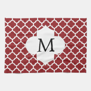 Gepersonaliseerd monogram Quatrefoil Red en White Theedoek