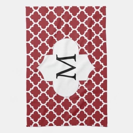 Gepersonaliseerd monogram Quatrefoil Red en White Theedoek (Verticaal)