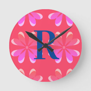 Gepersonaliseerd Monogram Retro Sinaasappel Roze Ronde Klok