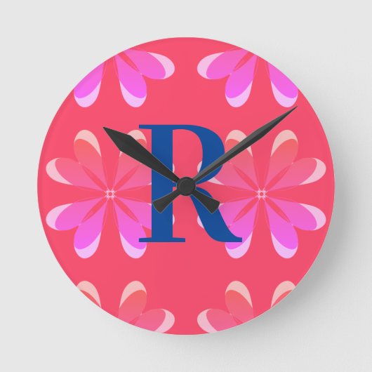 Gepersonaliseerd Monogram Retro Sinaasappel Roze Ronde Klok (Voorkant)