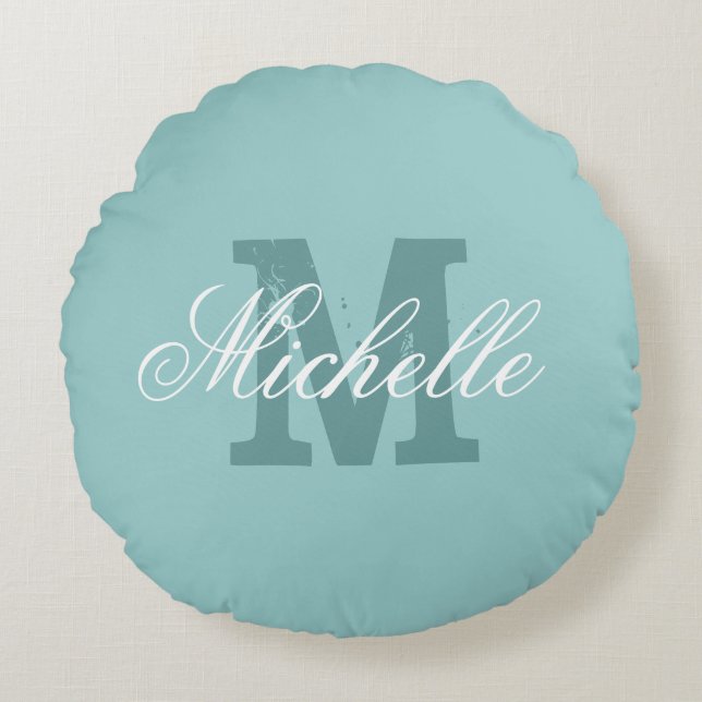 Gepersonaliseerd monogram rond blauwgroen blauw ri kussen (Voorkant)