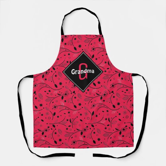 Gepersonaliseerd | Monogram | Rood | Bloemen | OMA Schort (Voorkant)