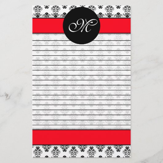 Gepersonaliseerd monogram rood en wit door Damask Briefpapier (Voorkant)