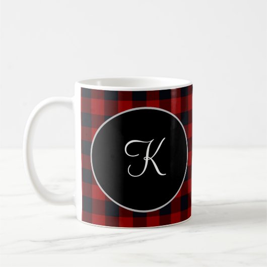 Gepersonaliseerd monogram rood en zwart buffel koffiemok (Links)