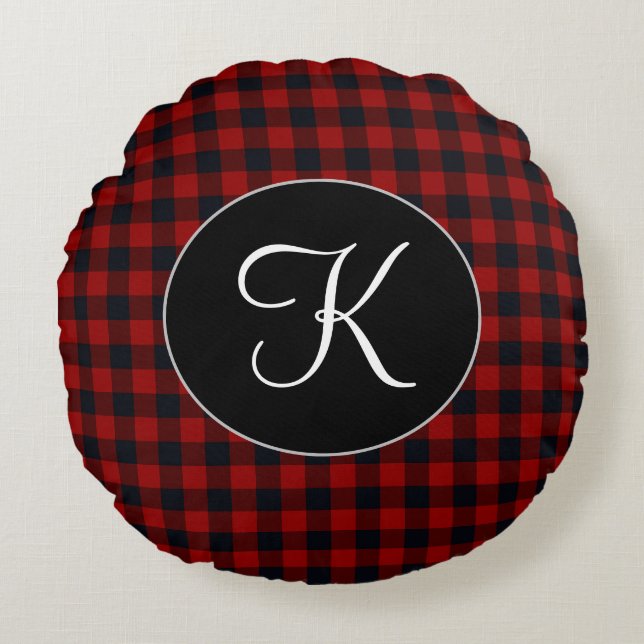 Gepersonaliseerd monogram rood en zwart buffel rond kussen (Voorkant)