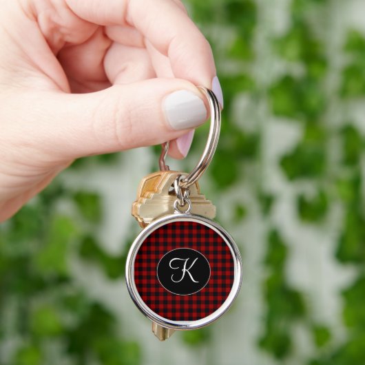 Gepersonaliseerd monogram rood en zwart buffel sleutelhanger (Hand)