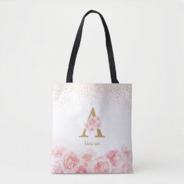 Gepersonaliseerd monogram roze bloemen bruidsmeisj tote bag