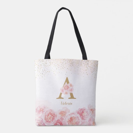 Gepersonaliseerd monogram roze bloemen bruidsmeisj tote bag (Achterkant)
