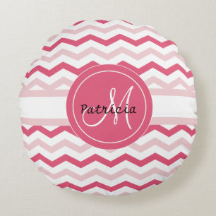 Gepersonaliseerd monogram roze Chevron Pattern Rond Kussen