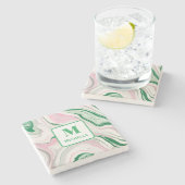 Gepersonaliseerd Monogram Roze en Groen Marmer Stenen Onderzetter (Zijkant)