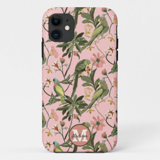Gepersonaliseerd monogram roze parrot Case-Mate iPhone case (Achterkant)