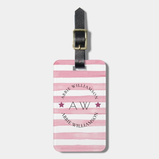 Gepersonaliseerd monogram roze strepen Stijlvol Bagagelabel (Voorkant verticaal)