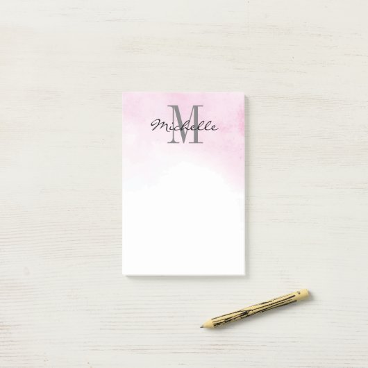 Gepersonaliseerd Monogram Roze Waterverf | Modern  Post-it® Notes (Op bureau)