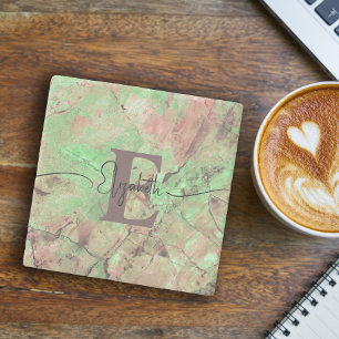 Gepersonaliseerd Monogram Script Naam Groen Marmer Stenen Onderzetter