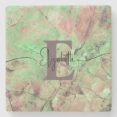 Gepersonaliseerd Monogram Script Naam Groen Marmer Stenen Onderzetter (Voorkant)