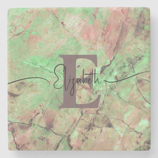 Gepersonaliseerd Monogram Script Naam Groen Marmer Stenen Onderzetter (Voorkant)