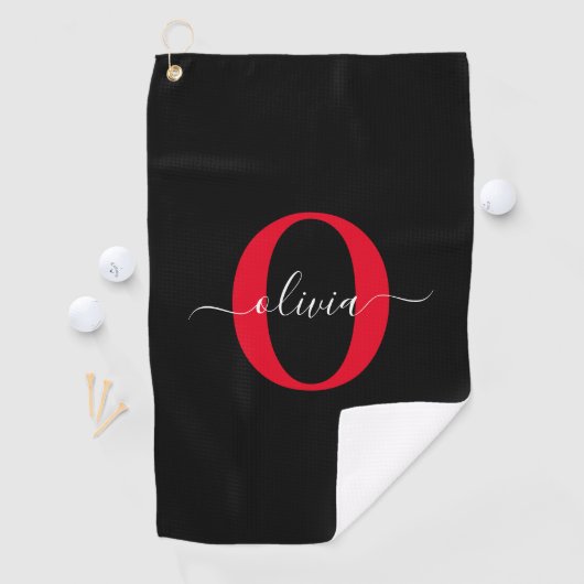 Gepersonaliseerd monogram Script Name Black White  Golfhanddoek (Insitu)