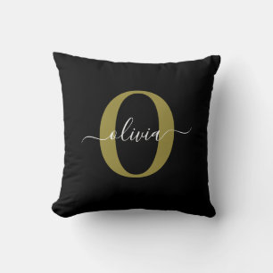 Gepersonaliseerd monogram Script Name Black White  Kussen