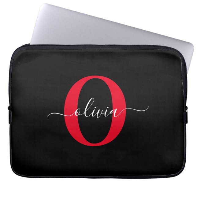Gepersonaliseerd monogram Script Name Black White  Laptop Sleeve (Voorkant)