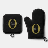 Gepersonaliseerd monogram Script Name Black White Ovenwant & Pannenlap Set (Voorkant)