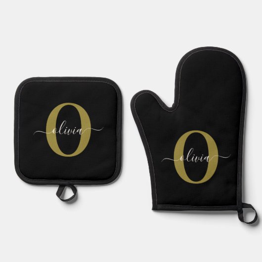 Gepersonaliseerd monogram Script Name Black White Ovenwant & Pannenlap Set (Voorkant)