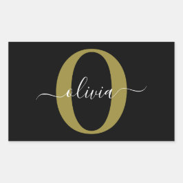 Gepersonaliseerd monogram Script Name Black White  Rechthoekige Sticker