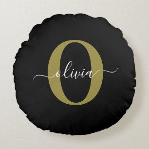 Gepersonaliseerd monogram Script Name Black White Rond Kussen