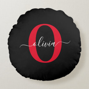 Gepersonaliseerd monogram Script Name Black White  Rond Kussen