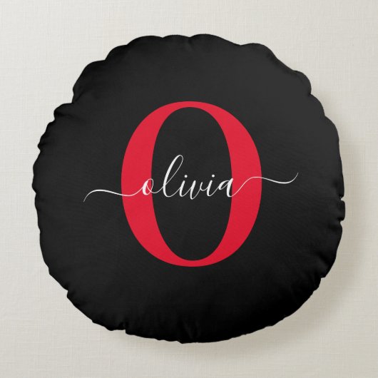 Gepersonaliseerd monogram Script Name Black White  Rond Kussen (Voorkant)