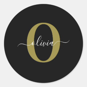Gepersonaliseerd monogram Script Name Black White  Ronde Sticker