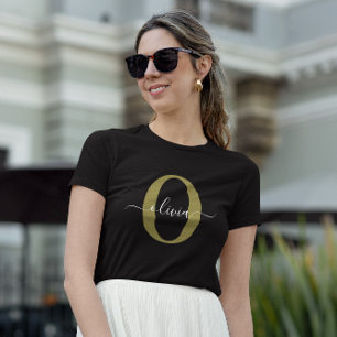 Gepersonaliseerd monogram Script Name Black White T-shirt