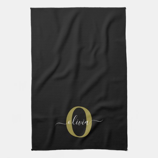 Gepersonaliseerd monogram Script Name Black White  Theedoek (Verticaal)